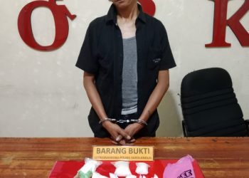 Tersangka OF bersama Berang Bukti Diaamankan di Mapolres Sarolangun. Foto/Awan