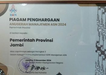 Sertifikat Penghargaan dari BKN yang Diterima Pemprov Jambi. Dok/Ist